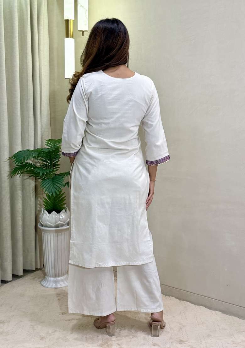 White Embroidery Cotton Palazzo Set - Indya