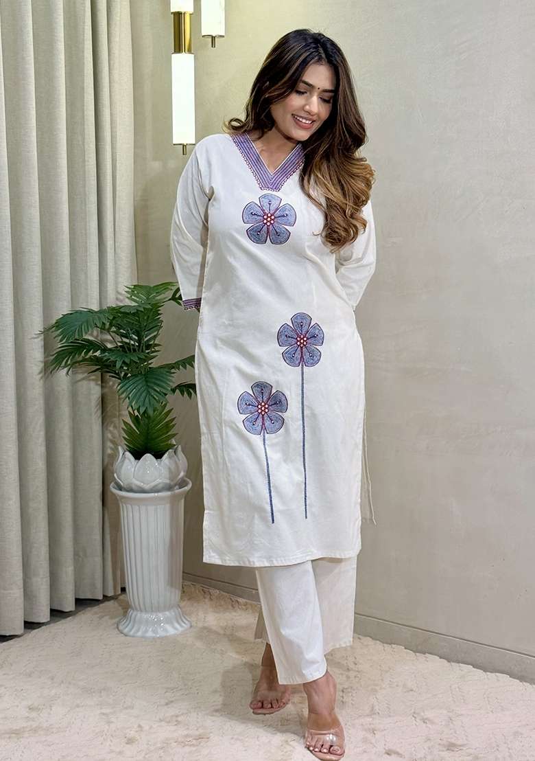 White Embroidery Cotton Palazzo Set - Indya