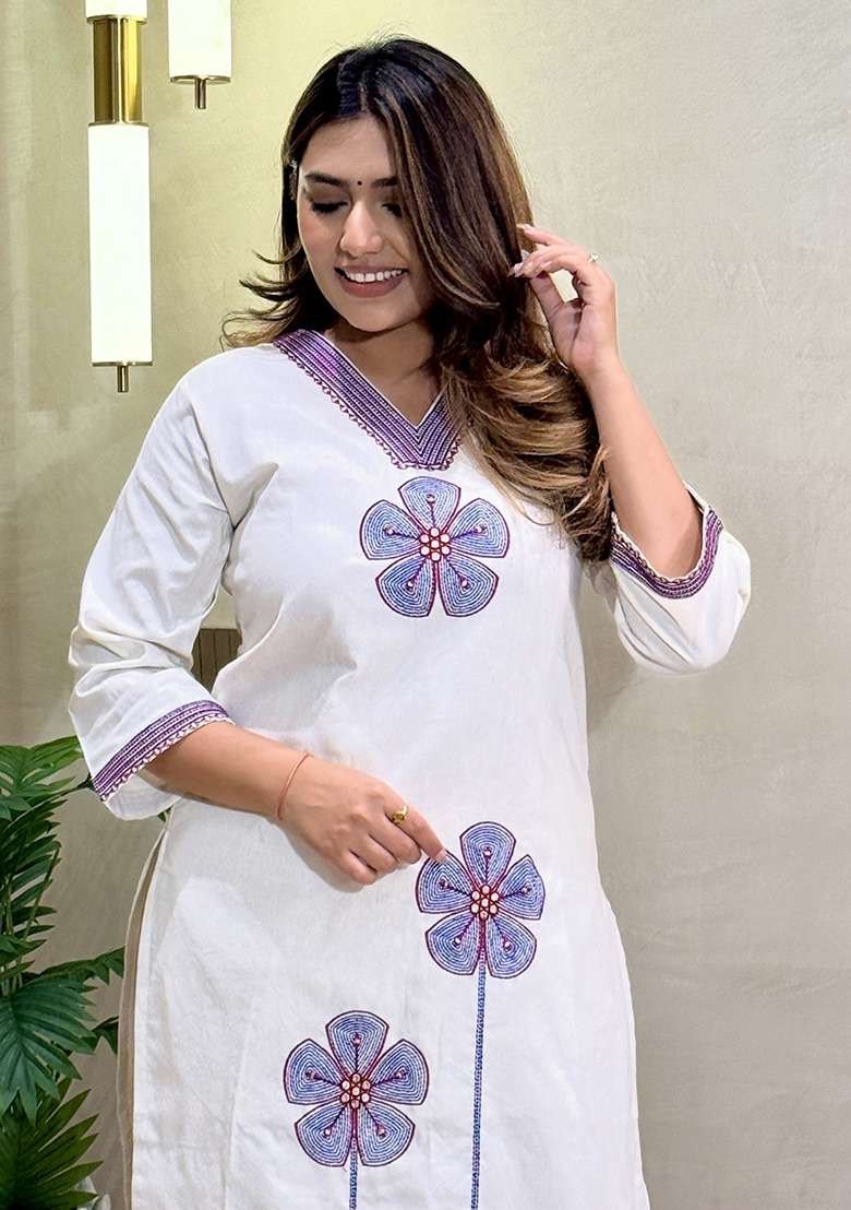 White Embroidery Cotton Palazzo Set - Indya