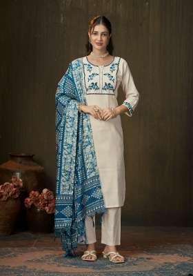 Off White Embroidery Cotton Kurta Set