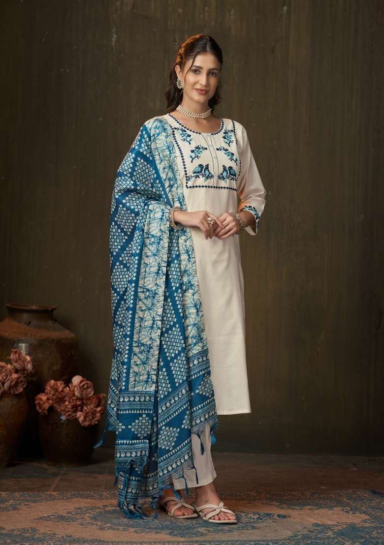 Off White Embroidery Cotton Kurta Set - Indya