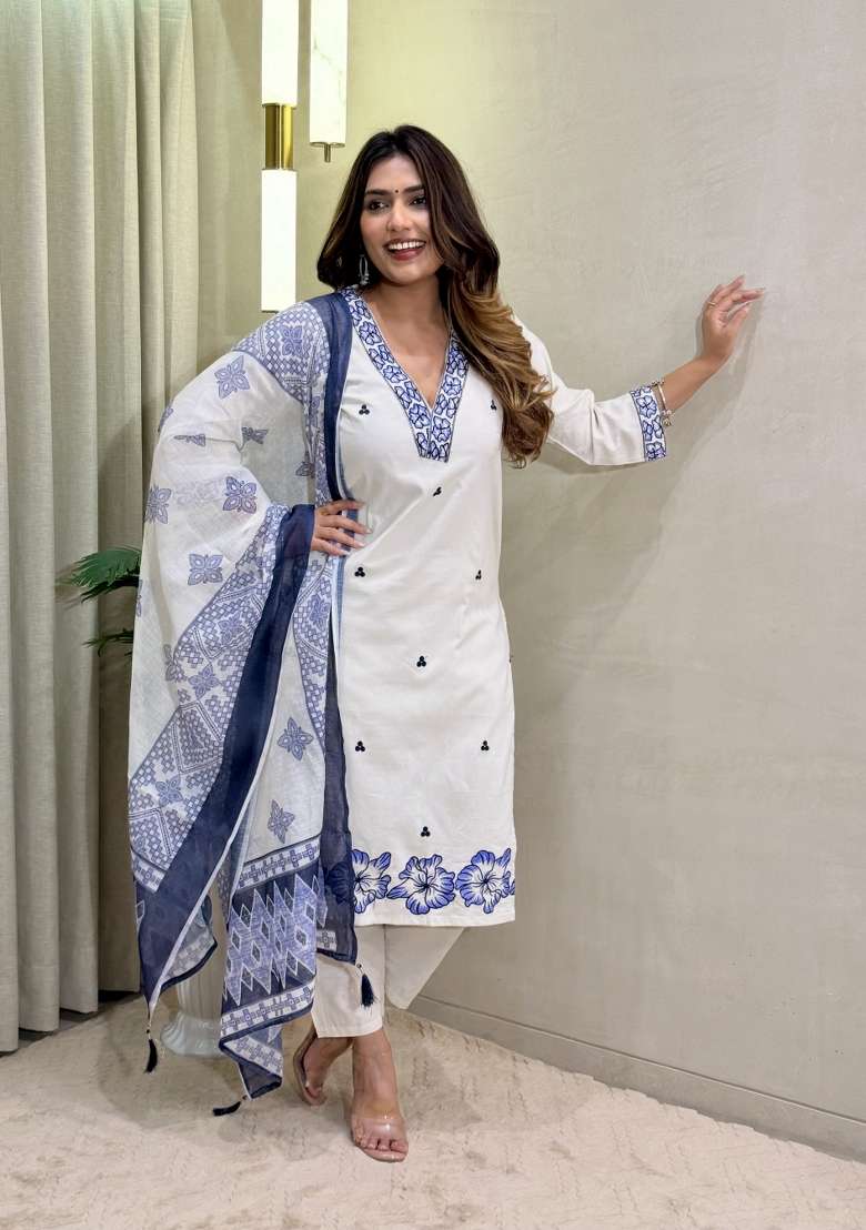 White Embroidery Cotton Kurta Set - Indya