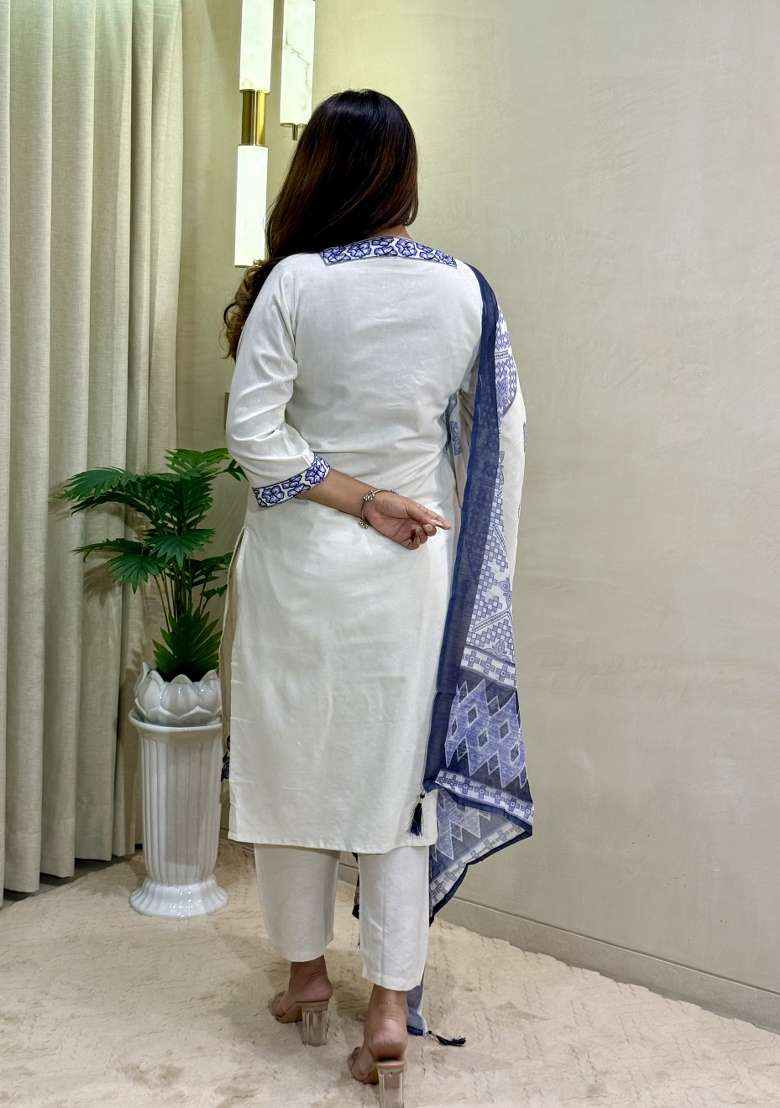 White Embroidery Cotton Kurta Set - Indya