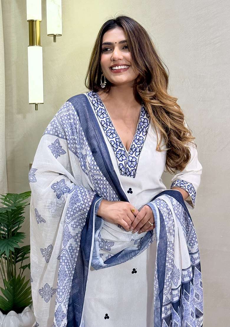 White Embroidery Cotton Kurta Set - Indya