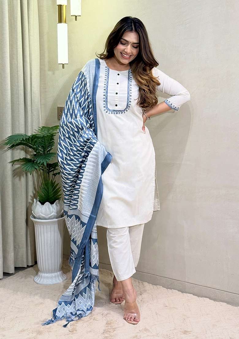 White Embroidery Cotton Kurta Set - Indya