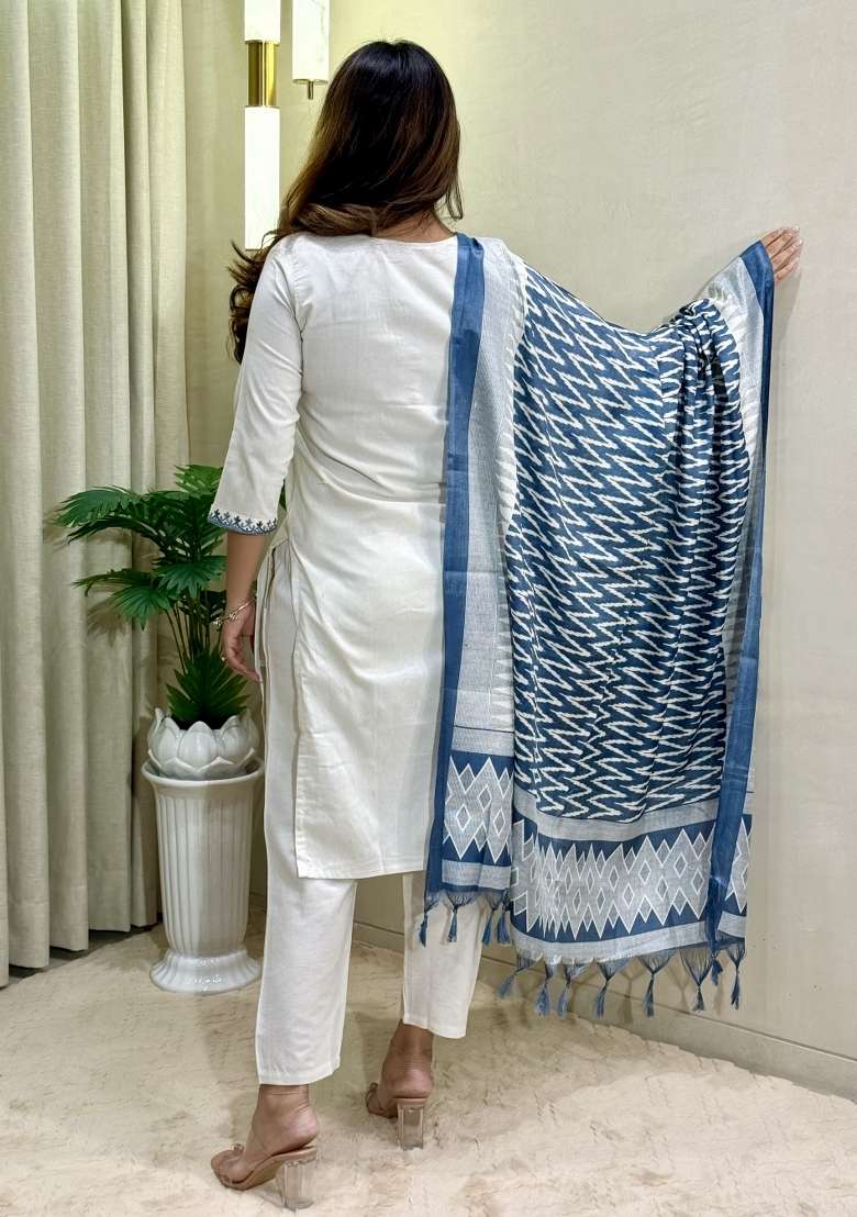 White Embroidery Cotton Kurta Set - Indya