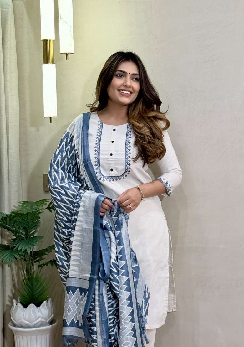White Embroidery Cotton Kurta Set - Indya