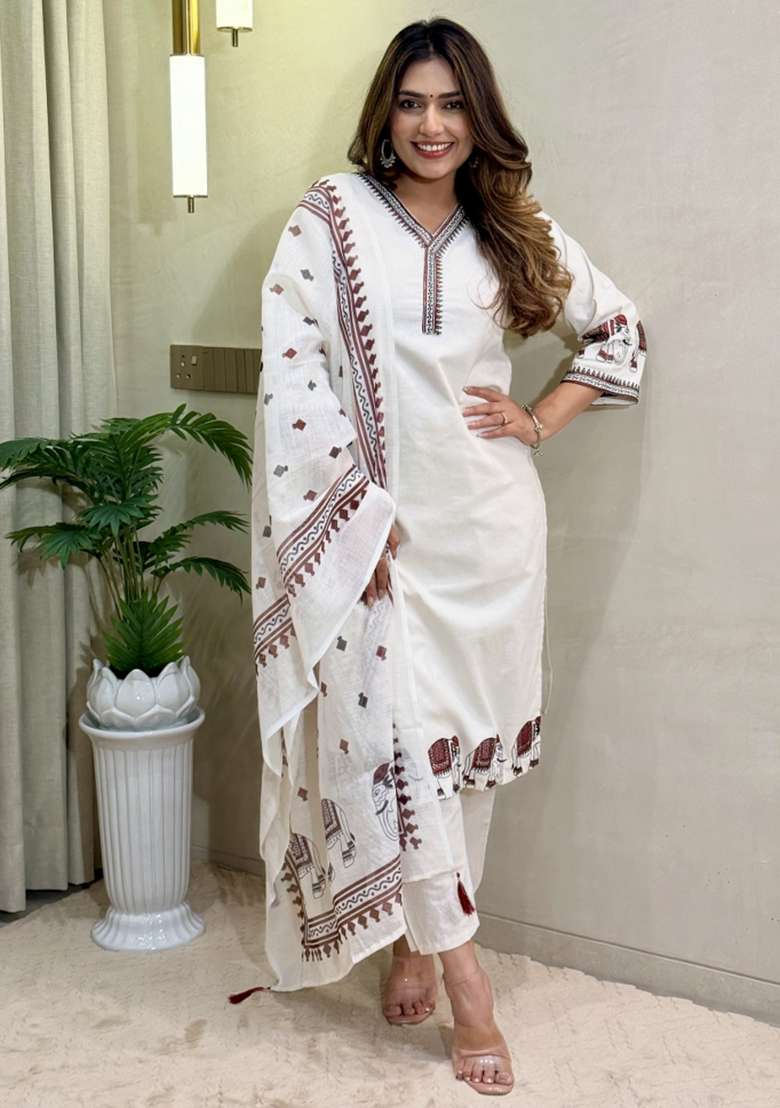 White Embroidery Cotton Kurta Set - Indya