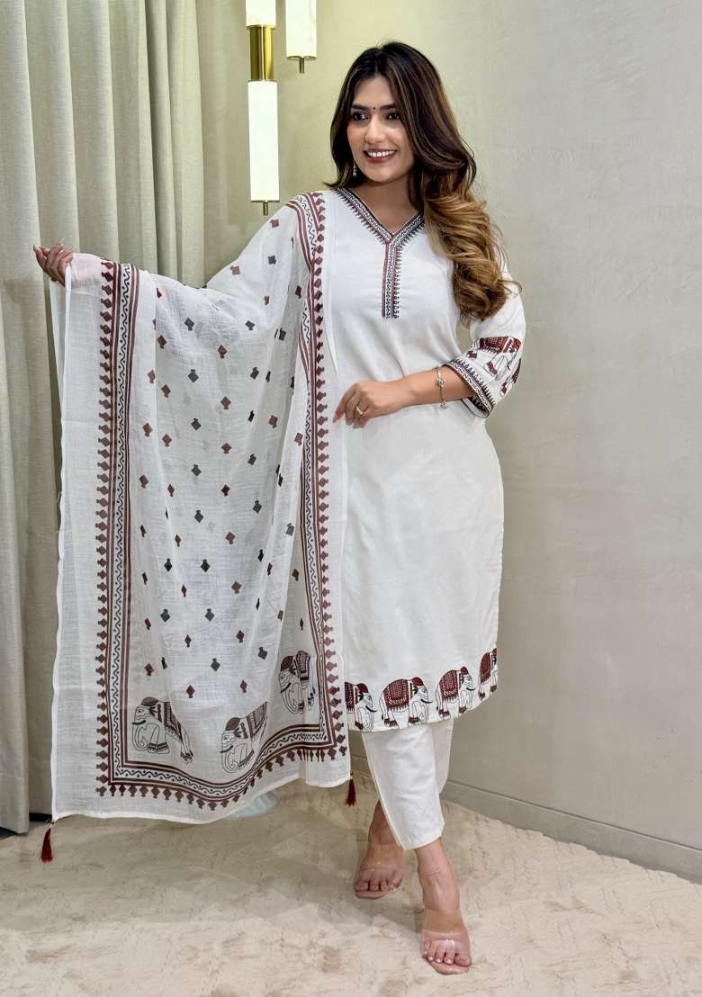 White Embroidery Cotton Kurta Set - Indya