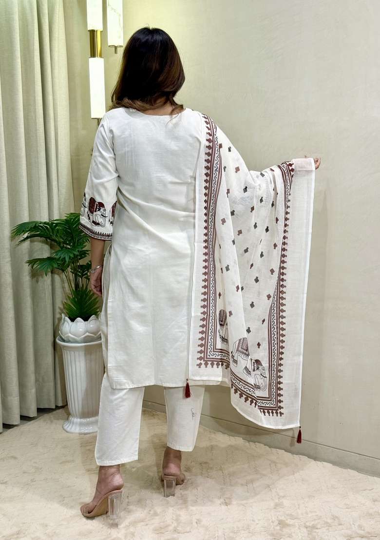 White Embroidery Cotton Kurta Set - Indya