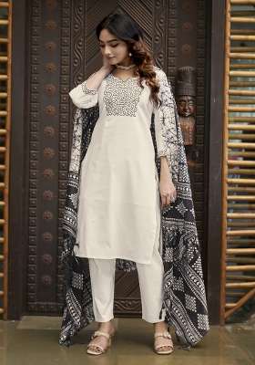 Off White Embroidery Cotton Kurta Set
