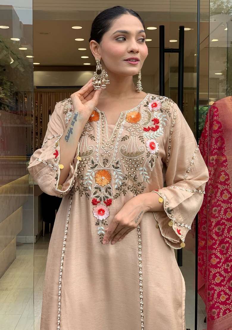 Cream Embroidery Chanderi Kurta Set - Indya