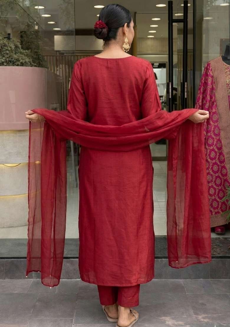 Maroon Embroidery Chanderi Kurta Set - Indya