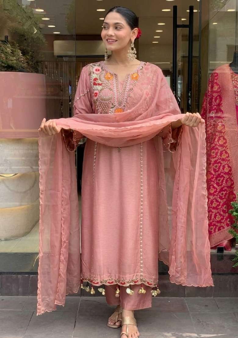 Peach Embroidery Chanderi Kurta Set - Indya