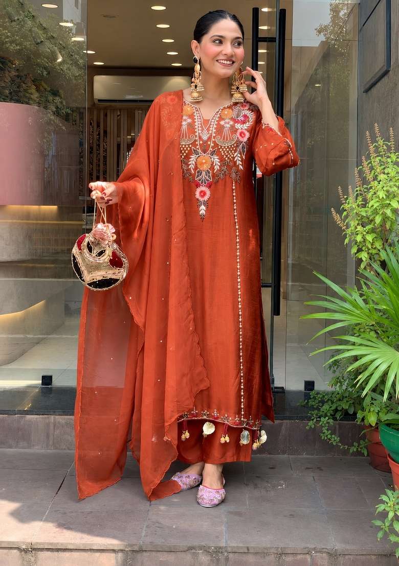 Rust Embroidery Chanderi Kurta Set - Indya