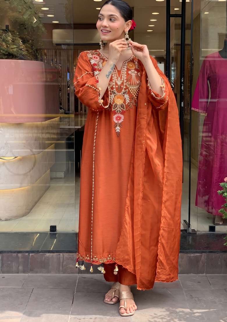 Rust Embroidery Chanderi Kurta Set - Indya