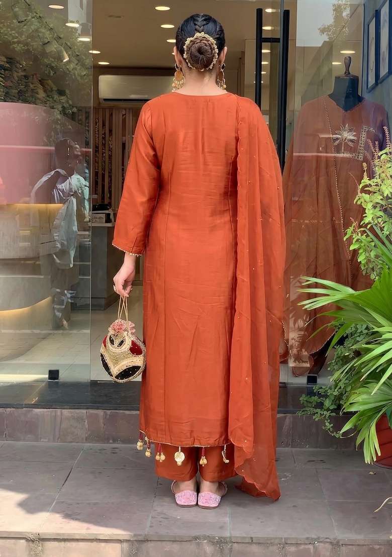 Rust Embroidery Chanderi Kurta Set - Indya