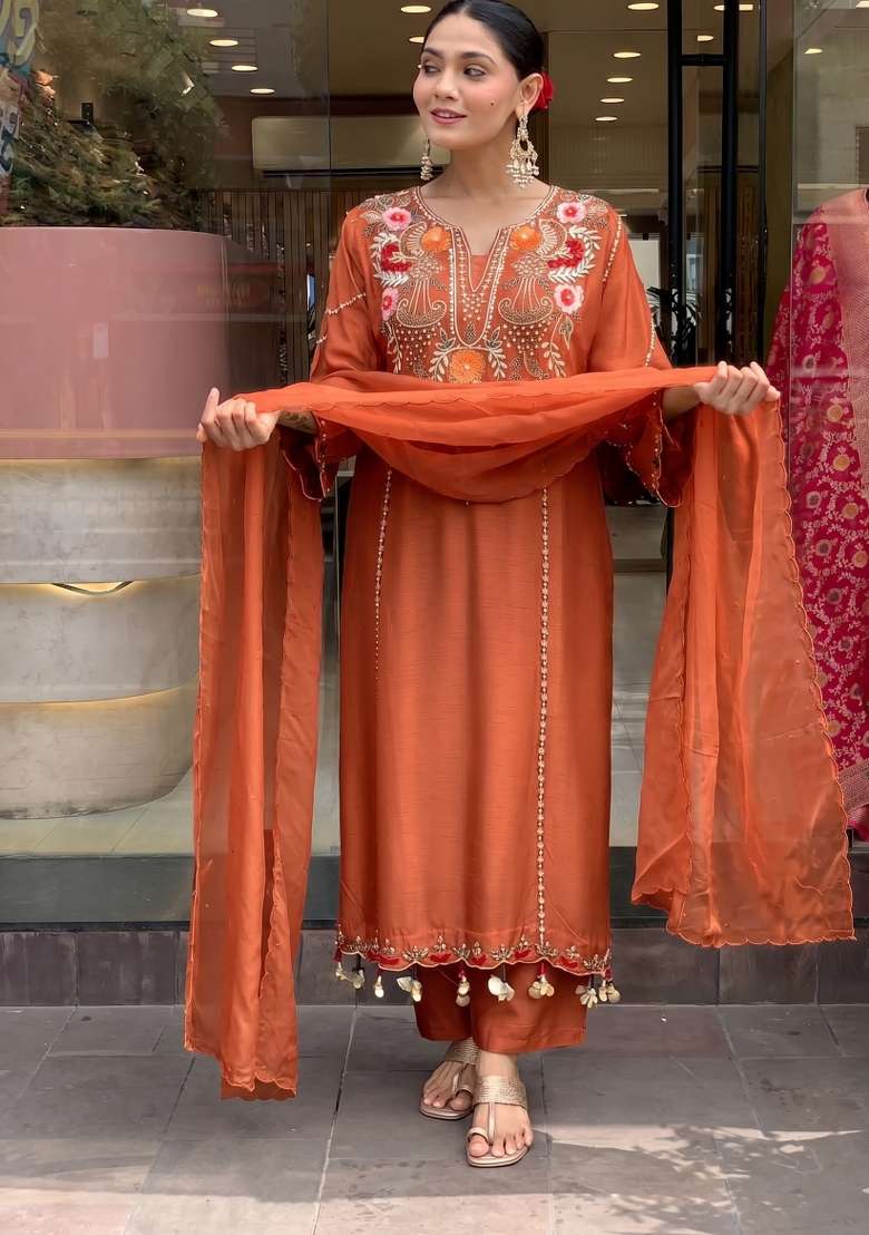 Rust Embroidery Chanderi Kurta Set - Indya