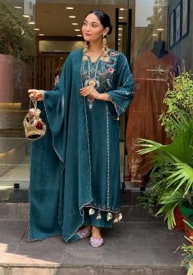 Teal Embroidery Chanderi Kurta Set