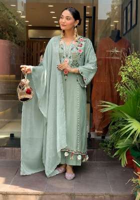 Pista Green Embroidery Chanderi Kurta Set