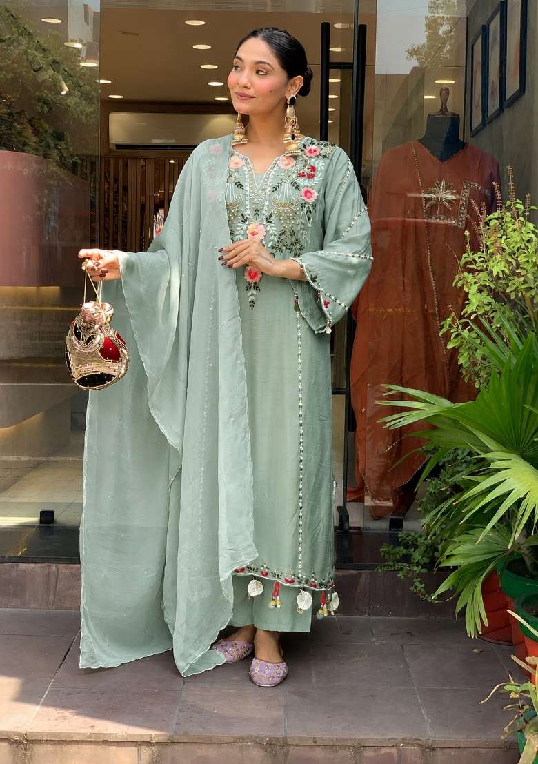 Pista Green Embroidery Chanderi Kurta Set - Indya