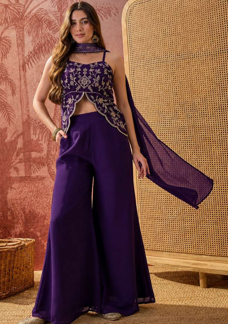 Purple Embroidery Georgette Palazzo Set - Indya