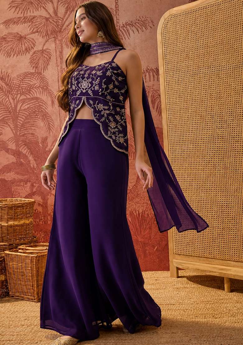 Purple Embroidery Georgette Palazzo Set - Indya