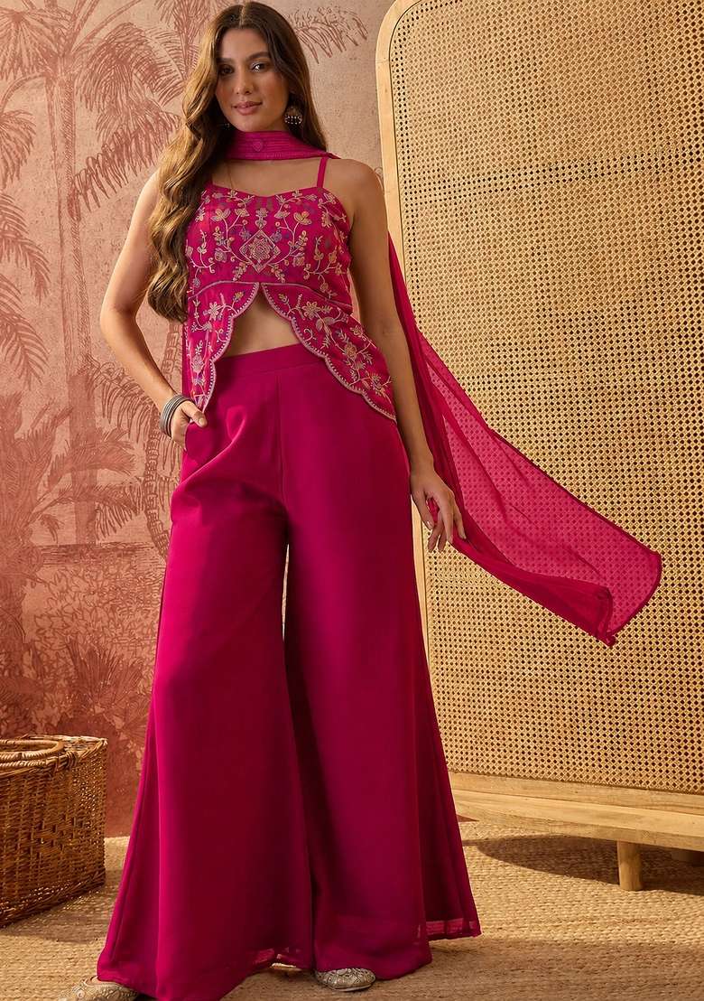 Pink Embroidery Georgette Palazzo Set - Indya