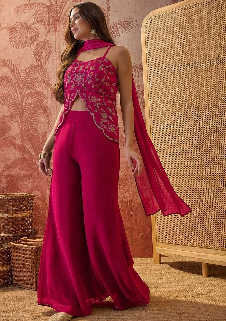 Pink Embroidery Georgette Palazzo Set - Indya