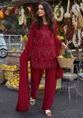 Maroon Embroidery Georgette Palazzo Set