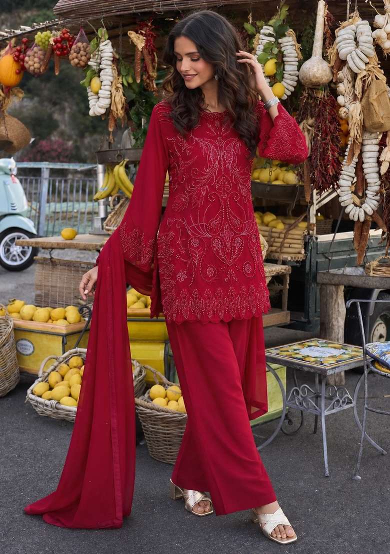 Maroon Embroidery Georgette Palazzo Set - Indya