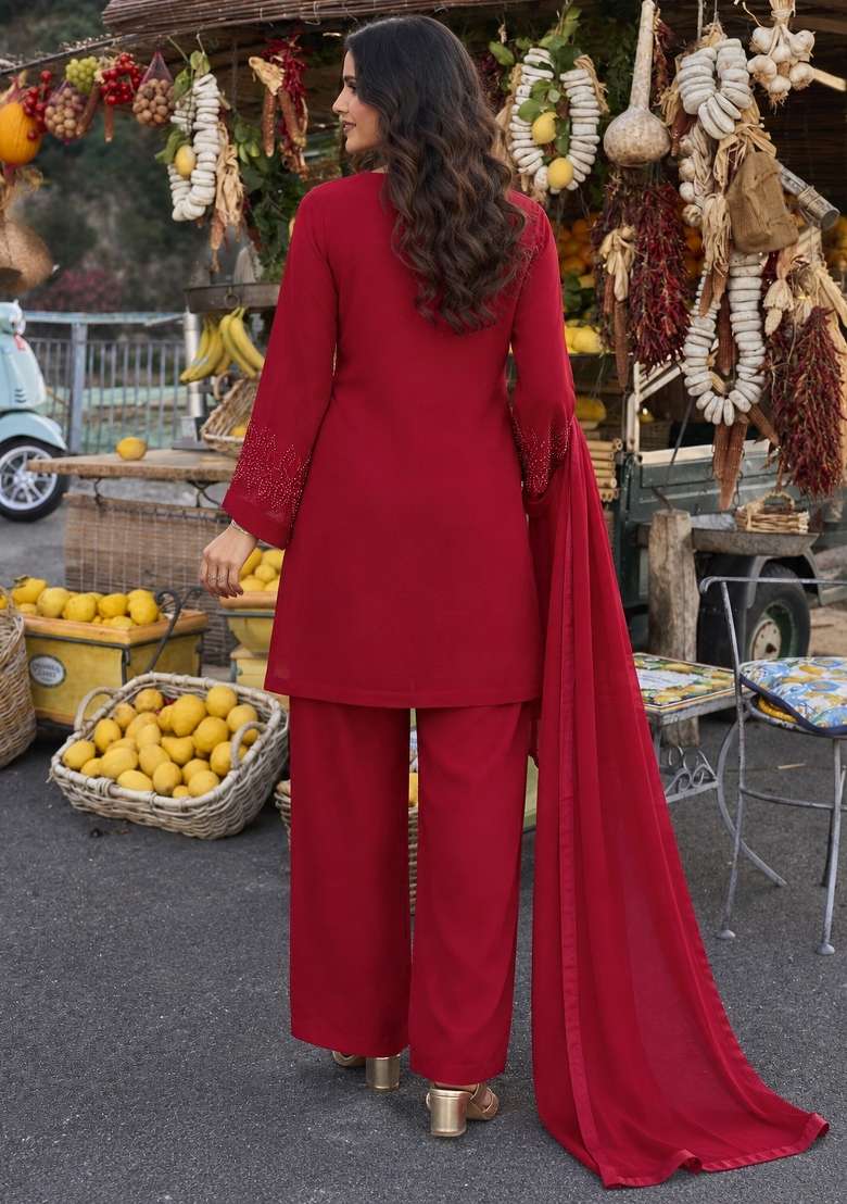Maroon Embroidery Georgette Palazzo Set - Indya