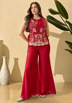 Red Embroidery Vichitra Palazzo Set