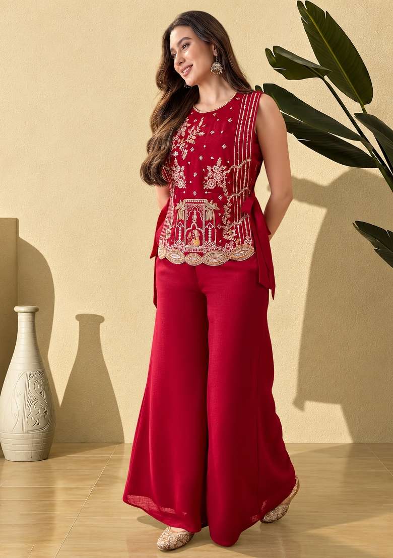 Red Embroidery Vichitra Palazzo Set - Indya