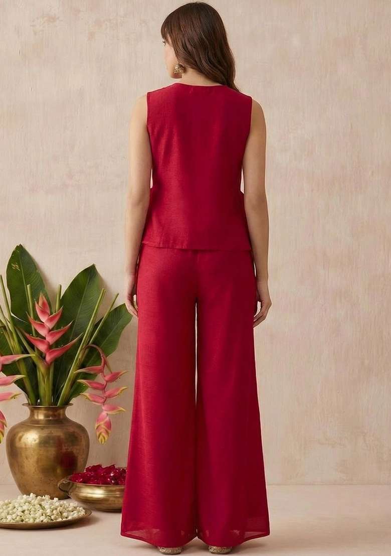 Red Embroidery Vichitra Palazzo Set - Indya