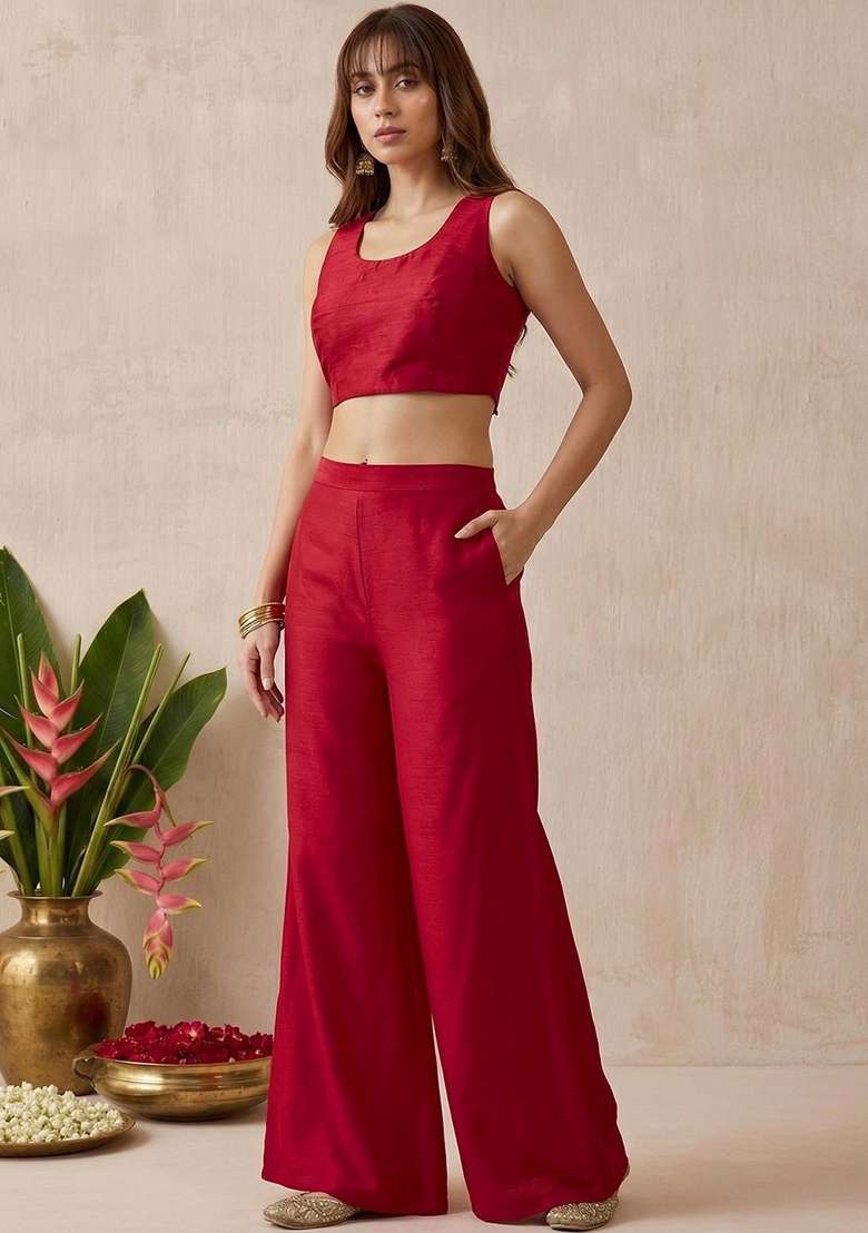 Red Embroidery Vichitra Palazzo Set - Indya