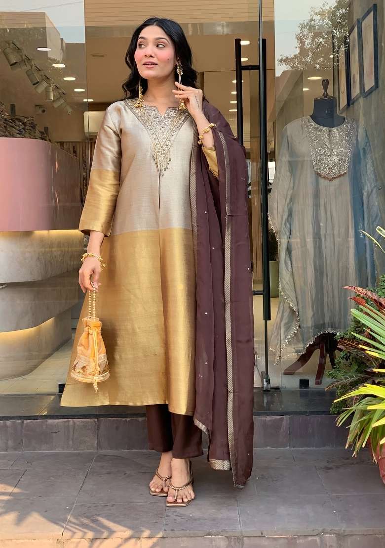 Champagne Gold And Beige Embroidery Silk Kurta Set - Indya