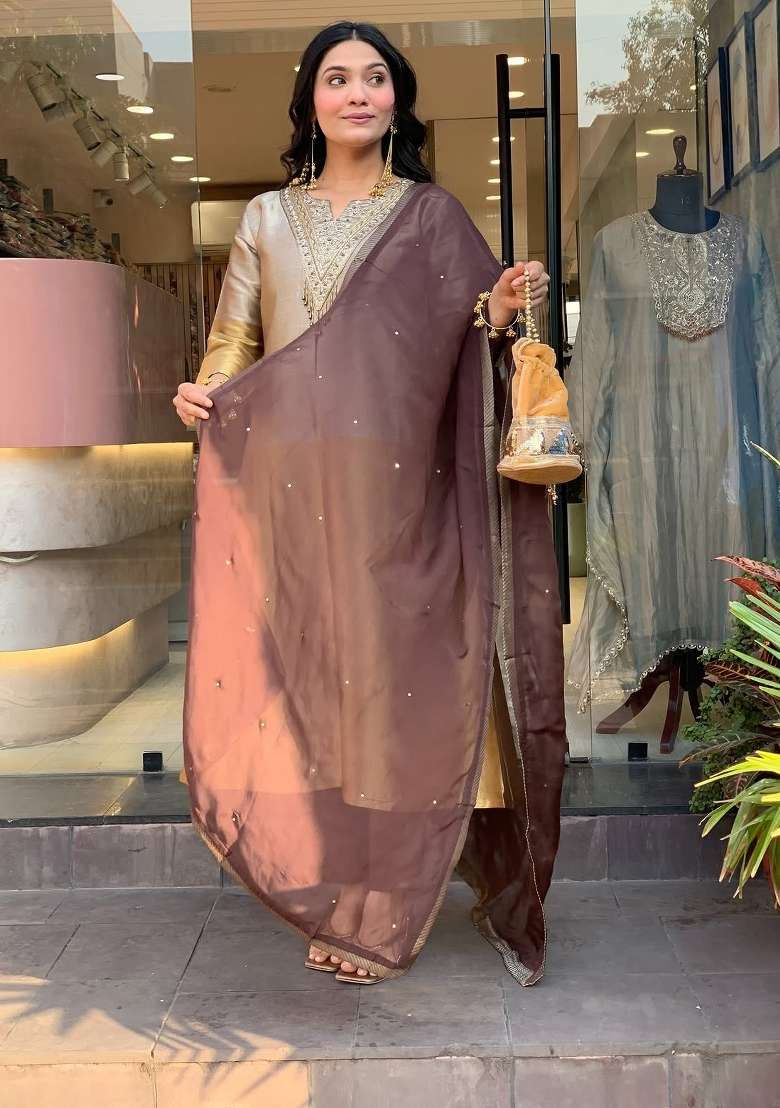 Champagne Gold And Beige Embroidery Silk Kurta Set - Indya