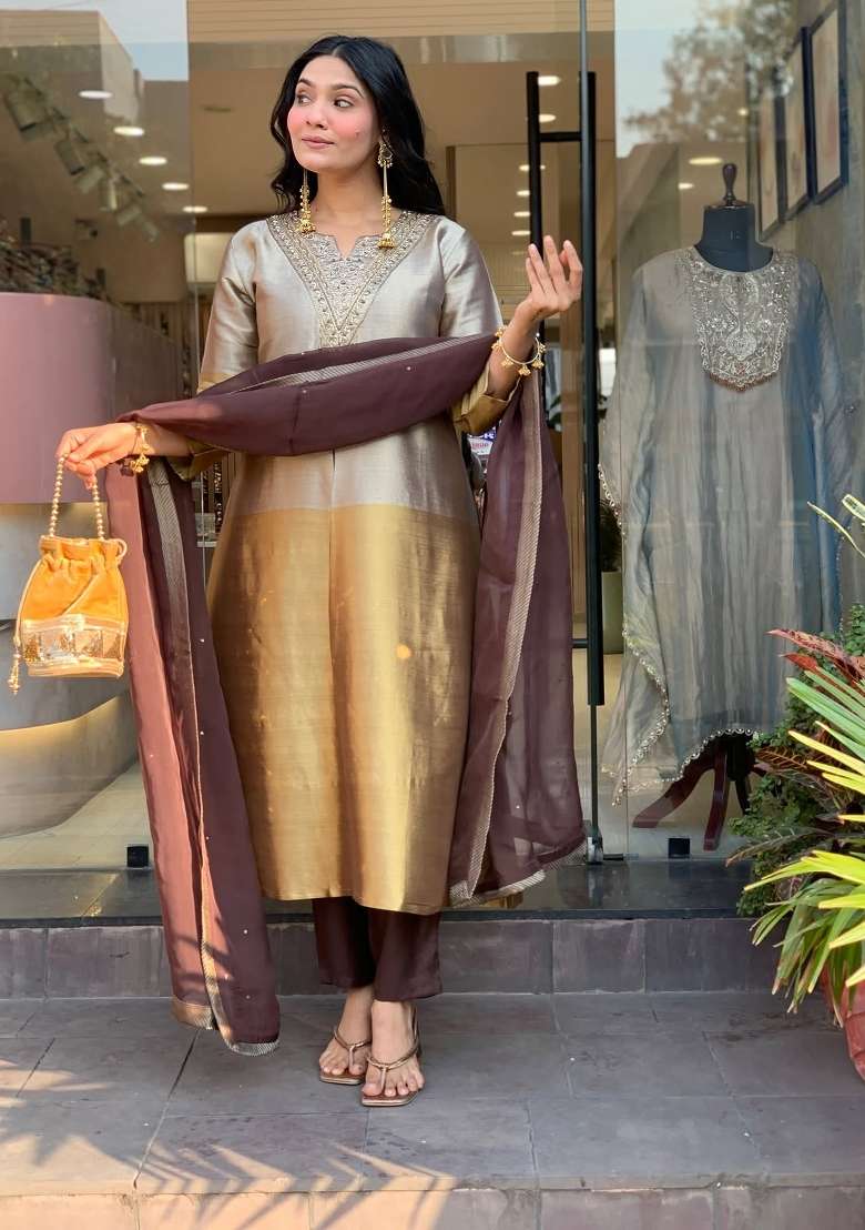 Champagne Gold And Beige Embroidery Silk Kurta Set - Indya