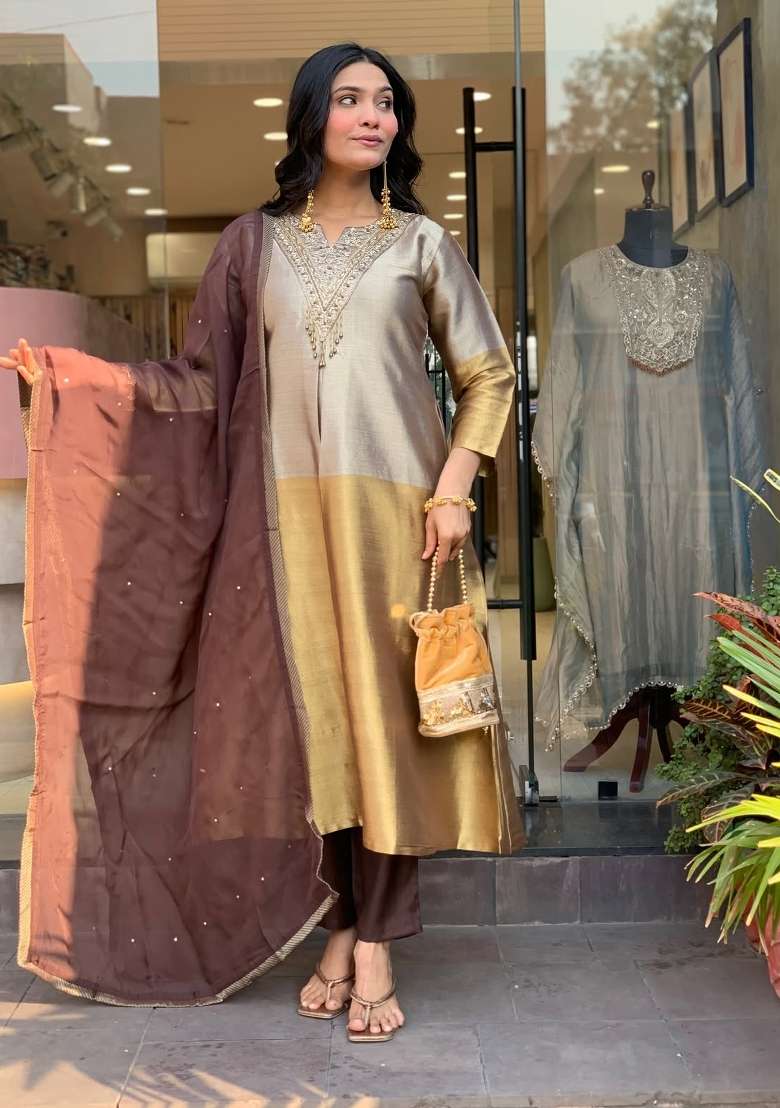 Champagne Gold And Beige Embroidery Silk Kurta Set - Indya