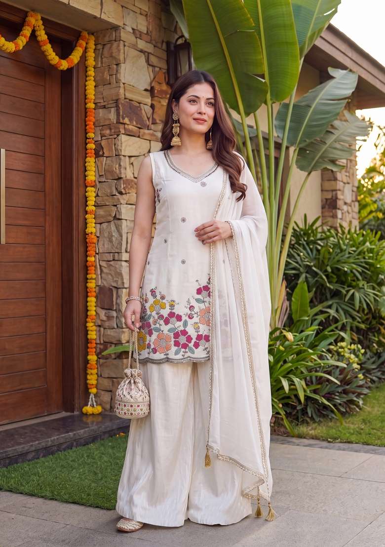 Off White Embroidery Cotton Sharara Set - Indya