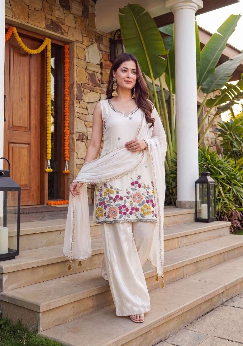 Off White Embroidery Cotton Sharara Set - Indya
