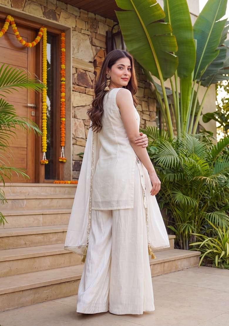 Off White Embroidery Cotton Sharara Set - Indya