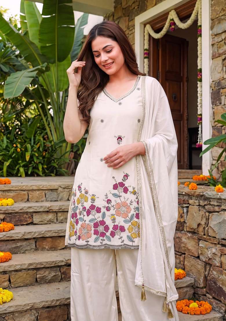 Off White Embroidery Cotton Sharara Set - Indya