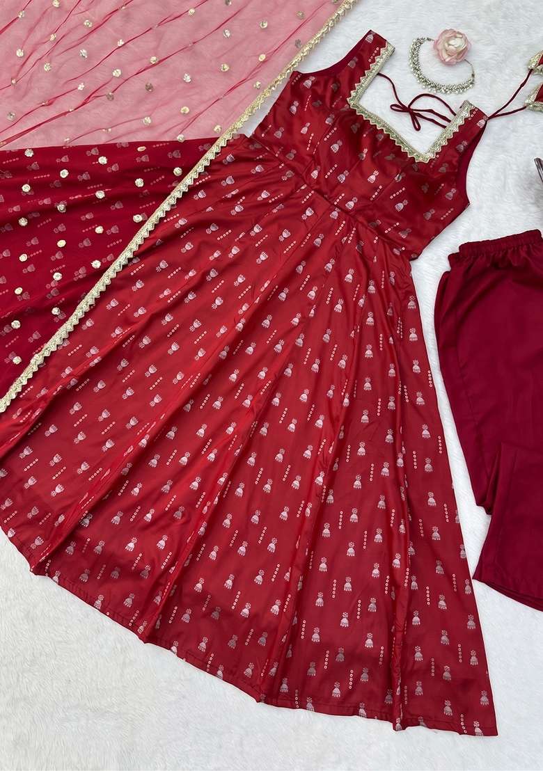 Red Embroidered Silk Kurta Set - Indya
