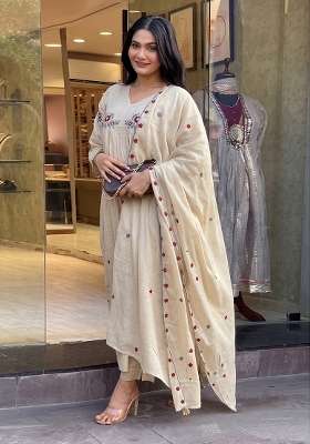 Beige Embroidered Silk Kurta Set