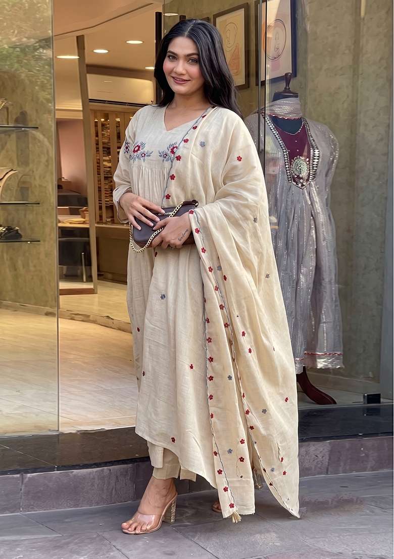 Beige Embroidered Silk Kurta Set - Indya