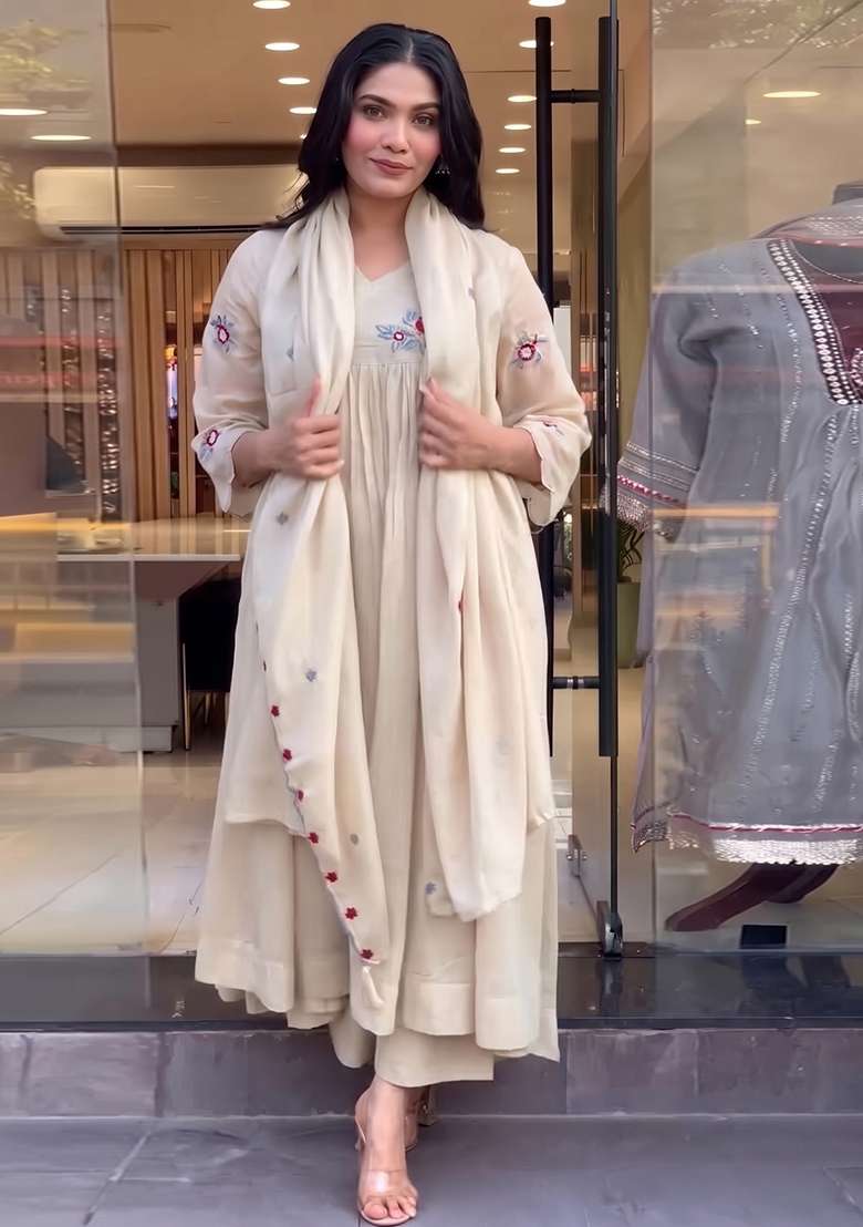 Beige Embroidered Silk Kurta Set - Indya
