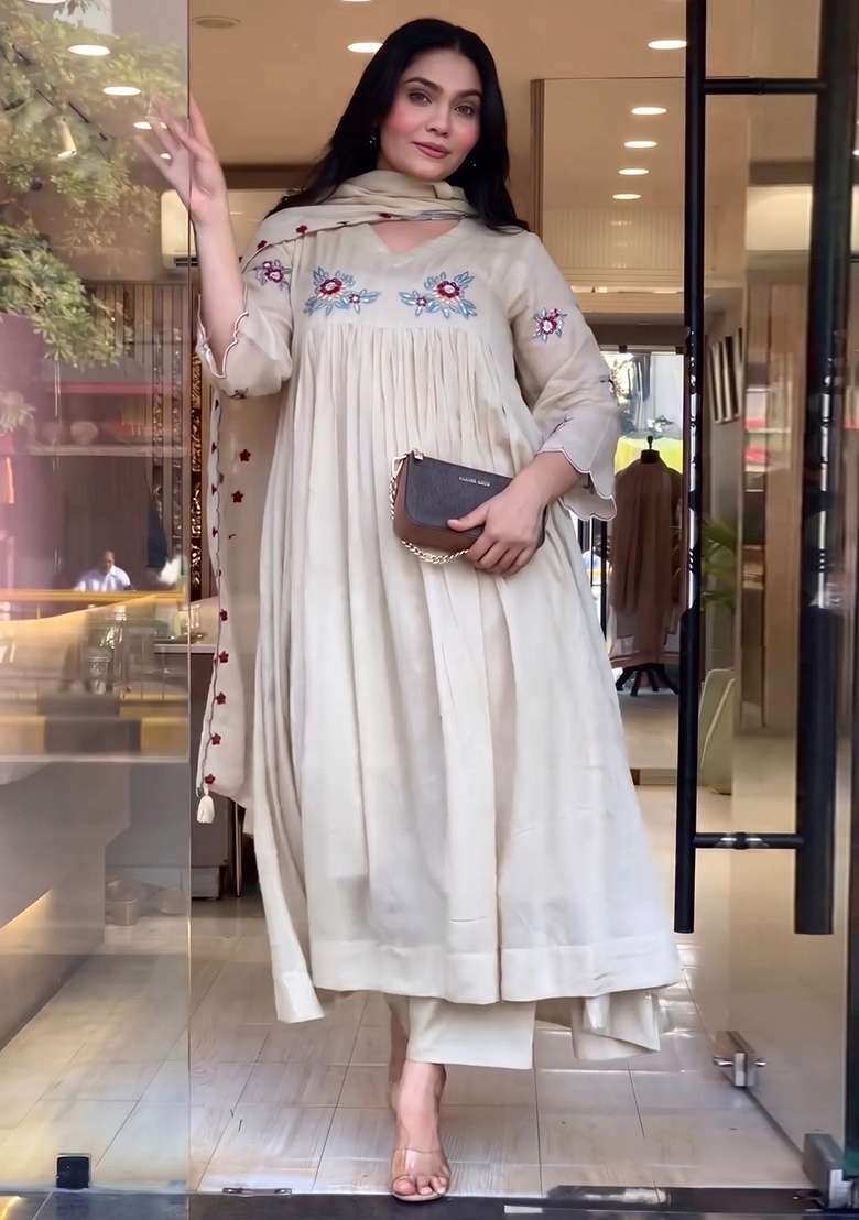 Beige Embroidered Silk Kurta Set - Indya