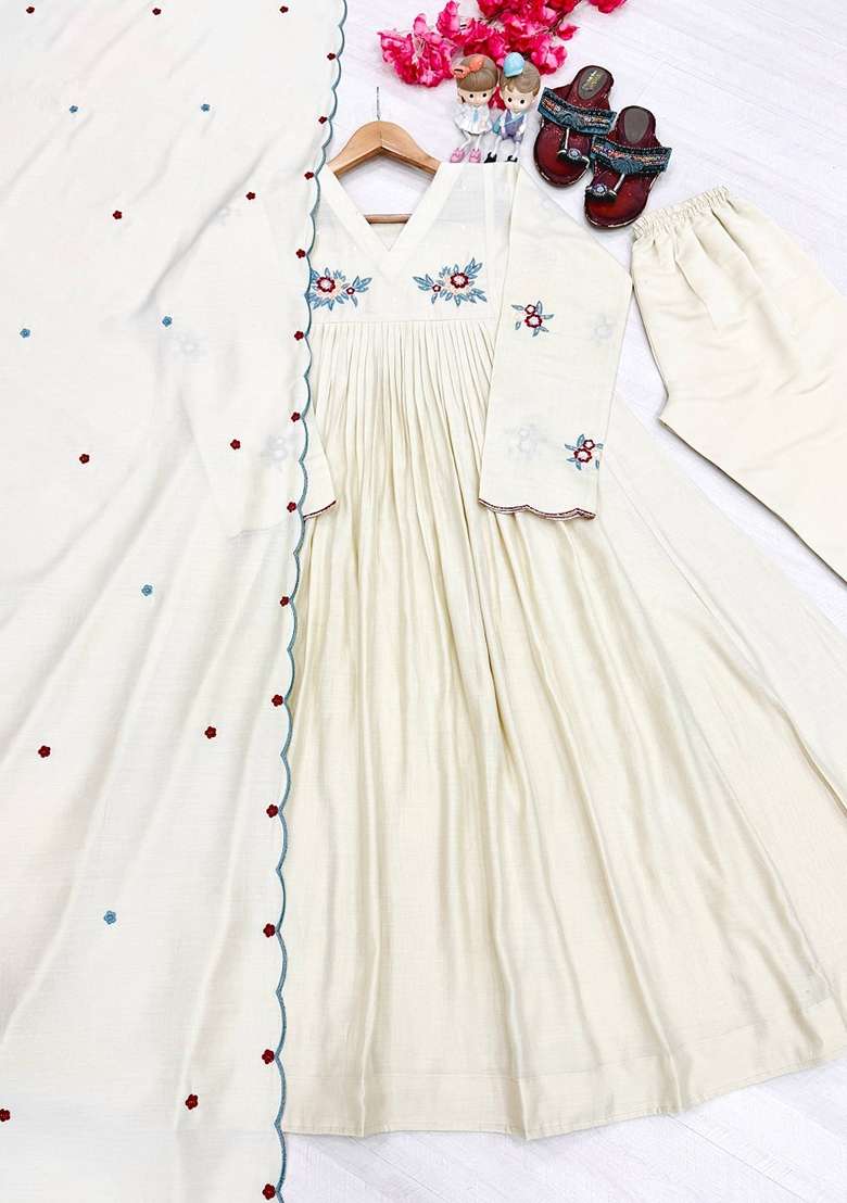 Beige Embroidered Silk Kurta Set - Indya